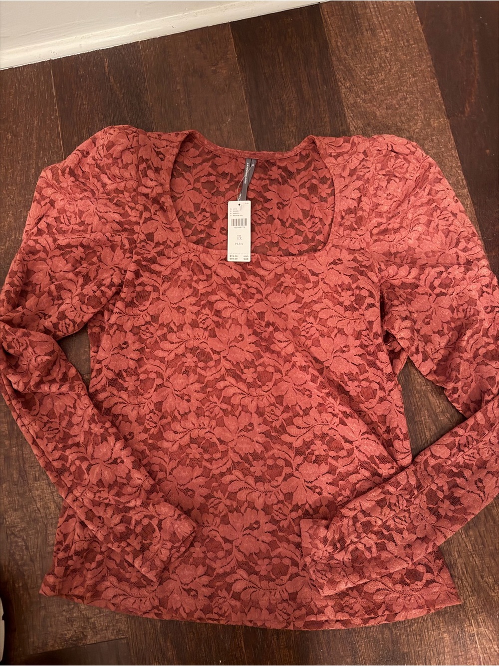 Anthropologie Terracotta Lace Scoop-Neck Long Sleeve Top